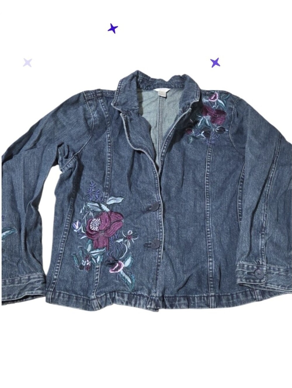 Jrs Xl, Womans Lg Purple Roses Embroidered Dark Denim Jacket - Floral Detail